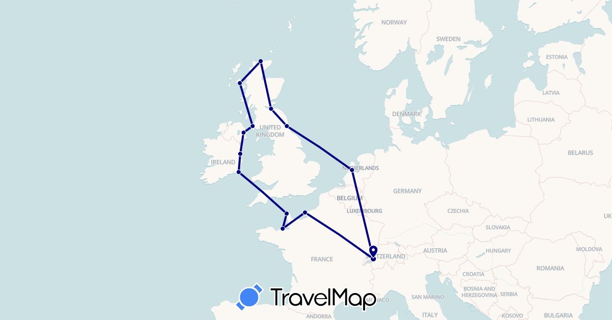 TravelMap itinerary: driving in Switzerland, France, United Kingdom, Ireland, Netherlands (Europe)